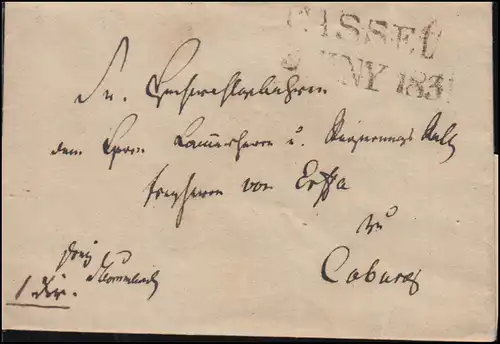 Thurn und Taxis Briefhülle Zeizeiler CASSEL 5.6.1831 nach Coburg