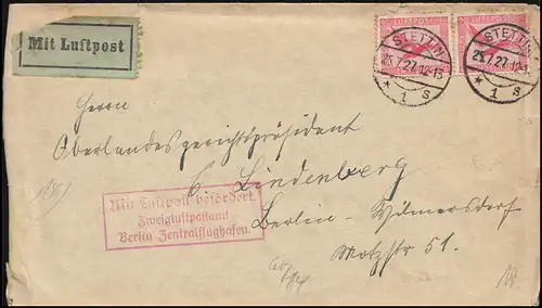 Mit Luftpost befördert Zweigluftpostamt Berlin Zentralflugh. Bf. STETTIN 25.7.27