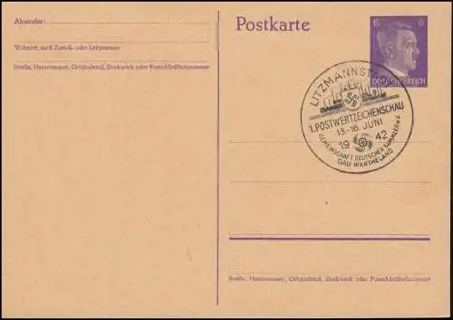 PP 156 zur 1. Postwertzeichenschau, passender SSt LITZMANNSTADT 13.-16.6.1942