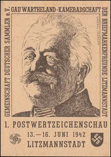 PP 156 zur 1. Postwertzeichenschau, passender SSt LITZMANNSTADT 13.-16.6.1942