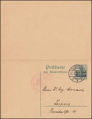 Deutsche Post in Polen Postkarte P 4 Doppelkarte 5 / 5 Pf. WARSCHAU 22.3.16