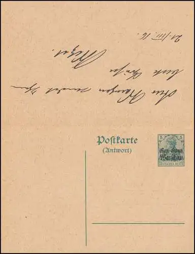 Deutsche Post in Pologne Carte postale P 4 Double carte 5 / 5 Pf. WARSAU 22.3.16