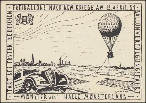 Befördert mit dem ersten deutschen Freiballon nach dem Kriege 1951, SSt MÜNSTER