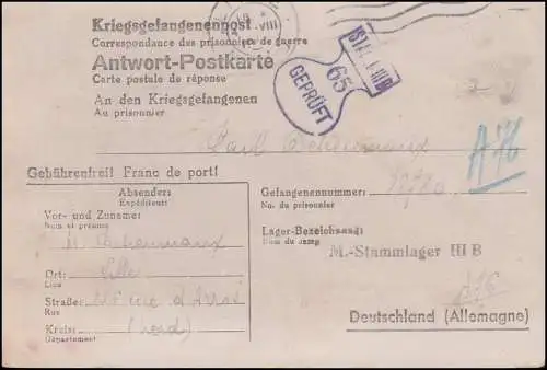 Kriegsgefangenenpost Antwort-PK an Stalag III B aus Lille / Frankreich 4.8.1944