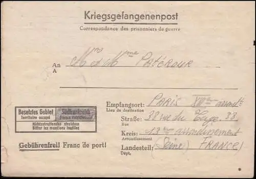 Kriegsgefangenenpost M.-Stammlager VII A vom 19.3.1944 nach Paris/ Frankreich