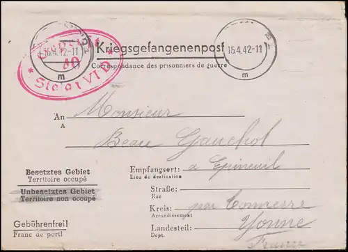 Kriegsgefangenenpost Stalag VI D Dortmund, Tarnstempel 15.4.1942 nach Frankreich