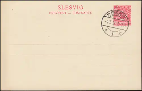 Schleswig Postcarde P 2 SLESVIG 10 Pf. Tampon de complaisance FLENSBURG 4.3.1920