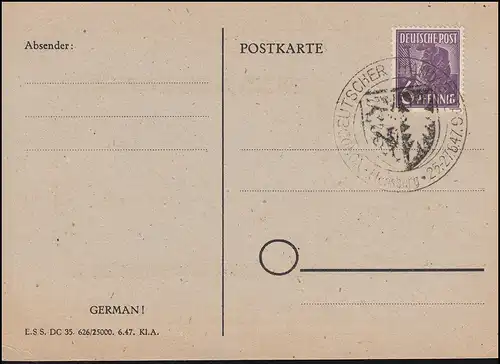 Carte de l'exposition des timbres de Flensburg avec SSt FLENSBURG 25-27.6.47