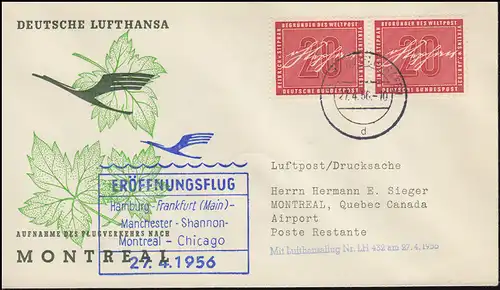 Erstflug Lufthansa Aufnahme des Flugverkehrs nach Montreal 27.4.1956 