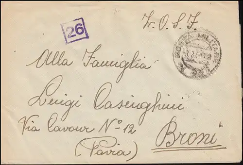 Censure Lettre postale de terrain Italie POSTA MILITARE No 221 - 6.3.1943 vers BRONI 11.2.43