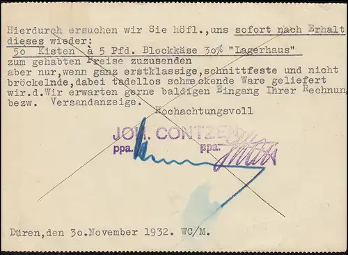 470 Hindenburg 15 Pf. EF auf Auslands-PK Kaffee-Rösterei Contzen DÜREN 30.11.32