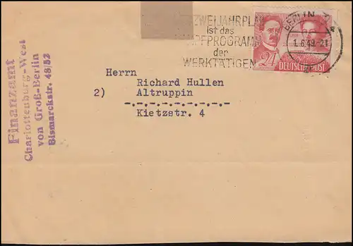 229 Liebknecht und Luxemburg 24 Pf auf Briefstück BERLIN 1.6.1949 nach Altruppin
