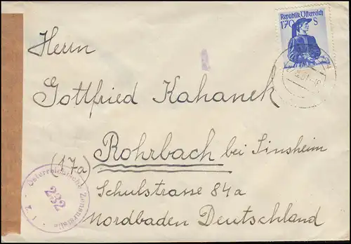 Censure Censuration autrichienne 232 sur lettre VIENNE 22.8.1951 à Rohrbach
