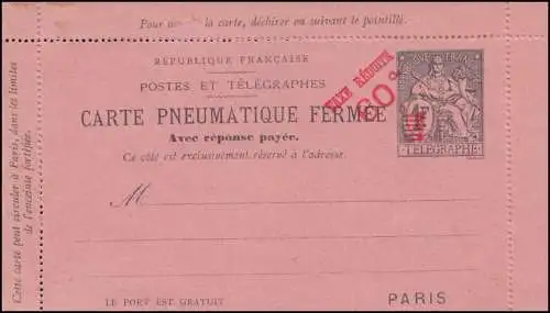 France Lettre de carte Rohrpost RK 20h Impression 60 sur 1 Fr., non utilisé **