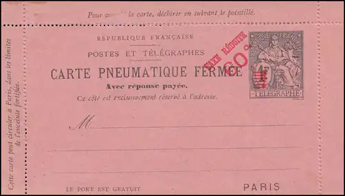 Frankreich Rohrpost-Kartenbrief RK 20h Aufdruck 60 auf 1 Fr., ungebraucht **