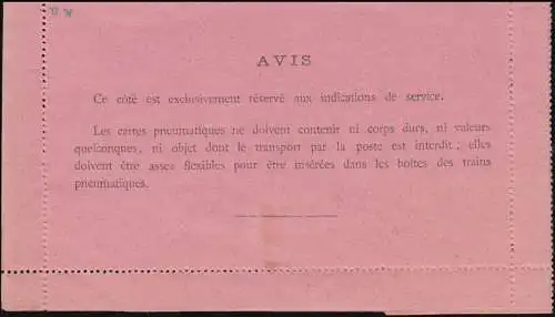 France Lettre de carte Rohrpost RK 20h Impression 60 sur 1 Fr., non utilisé **