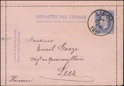 Belgique Lettre de carte K 2 Roi Léopold II de LIEGE / LUTTICH 21.4.1885 vers Leer