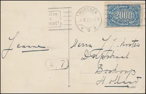 Infla 253 Querformat 2000 Mark auf AK Maximilianeum, MÜNCHEN8.8.1923 nachHolland