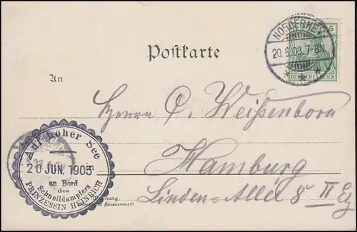 Auf hoher See an Bord des Schnelldampfers PRINZESSIN HEINRICH 20.6.1903 auf AK