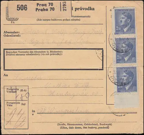 Böhmen und Mähren 101 als 3er-Rand-Streifen auf Paketkarte PRAG 70 -12.2.44