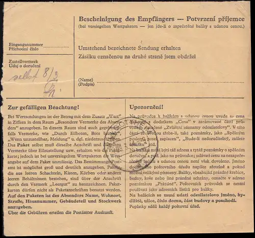 Böhmen und Mähren 101 als 3er-Rand-Streifen auf Paketkarte PRAG 70 -12.2.44