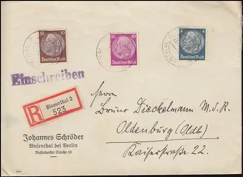 514+518+524 Hindenburg-MiF auf R-Brief BIESENTHAL nach OLDENBURG 1.8.1941