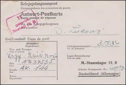 Kriegsgefangenenpost Antwort-PK an Stalag IX B aus Frankreich