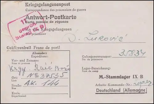 Kriegsgefangenenpost Antwort-PK an Stalag IX B aus Frankreich