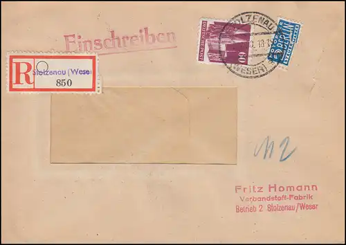 93 wg Bauten 60 Pf als EF R-Brief STOLZENAU (WESER) 8.2.50 nach HANNOVER 9.2.50