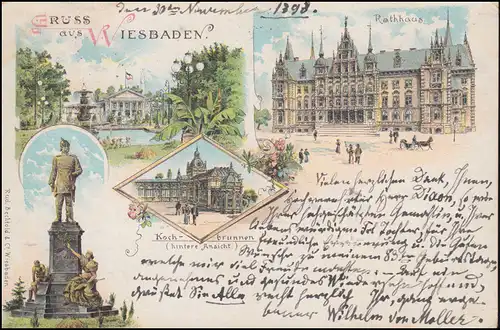 Carte de vue Gruss de Wiesbaden Kochbrunnen et hôtel de ville 30.11.98 vers Hollande
