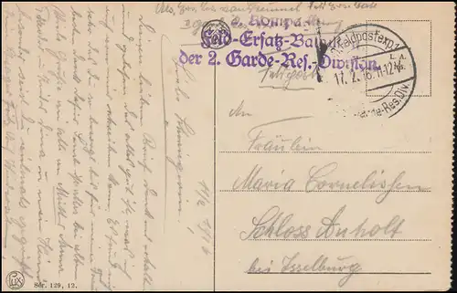Feldpost Feld-Ersatz-Batl. der 2.Garde-Res.-Div. 17.2.16 auf franz. AK La Bassee