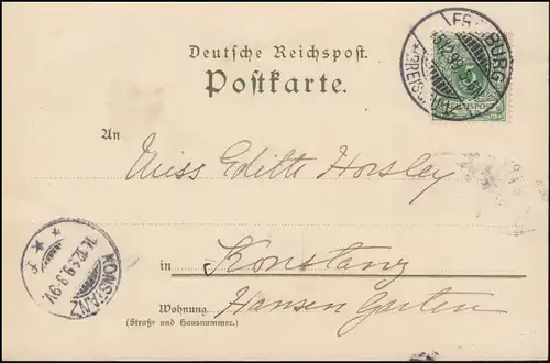 Ansichtskarte Schwabentor in Freiburg / Breisgau 15.12.1899 nach KONSTANZ 16.12.