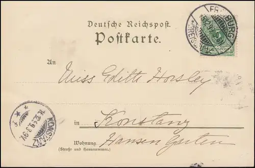 Carte de vue Schwabentor in Fribourg / Breisgau 15.12.1899 vers CONSTANZ 16.12.