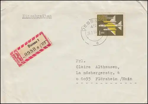 613 Flugpostmarke 1 DM R-Brief Tauschsendung DESSAU 26.9.66 nach Flörsheim/Main