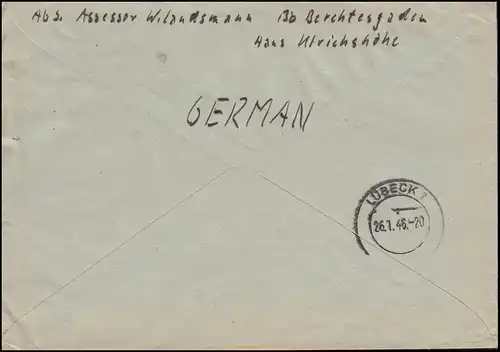 Gebühr-Bezahlt-Stempel auf R-Brief BERCHTESGADEN 21.1.1946 nach LÜBECK 26.1.46