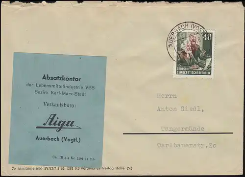 351 Karl Marx 48 Pf en tant qu'EF sur lettre AUERBACH (VOGTLAND) 2.3.54 vers Tangermünde