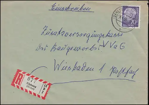 263 Heuss 70 pfennig en tant qu'EF sur lettre R ULZBURG (HOLST.) 8.4.1959 vers Wiesbaden