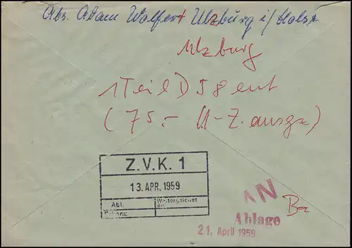 263 Heuss 70 Pfennig als EF auf R-Brief ULZBURG (HOLST.) 8.4.1959 nach Wiesbaden