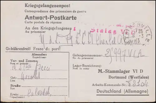 Poste de prisonniers de guerre Réponse-PC de la France 8.3.43 à Stalag VI D à Dortmund