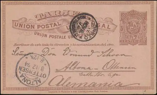 Carte postale 3 cent. brun MONTEVIDEO 13.11.94 après ALTONA OTTENNEN 8.12.94