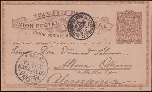 Uruguay Postkarte 3 Cent. braun MONTEVIDEO 13.11.94 nach ALTONA OTTENSEN 8.12.94