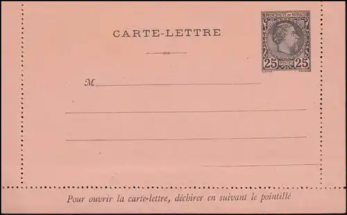 Monaco Kartenbrief K 3 schwarz, waagerecht durchgezähnt 1888, ungebraucht **