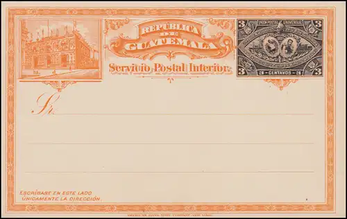 Guatemala entier Carte postale Impression 3 C. noir/orange 1898, non utilisé **