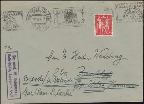 244 Syndicat postal sur lettre timbre publicitaire HALLE/SAALE Centre culturel 21.11.1949