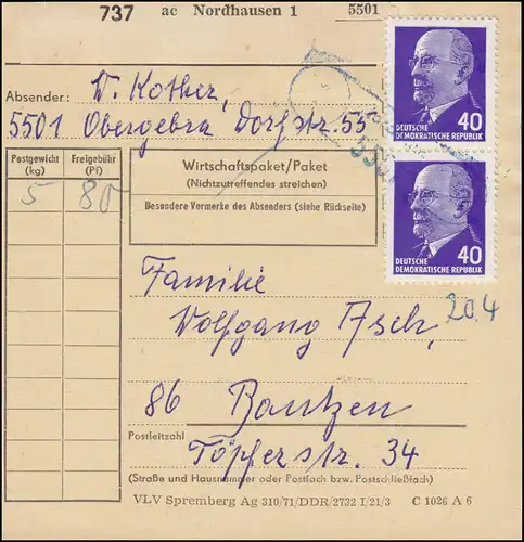 936 Ulbricht MeF sur carte de colis Landpost Nordhausen vers Bautzen vers 1965