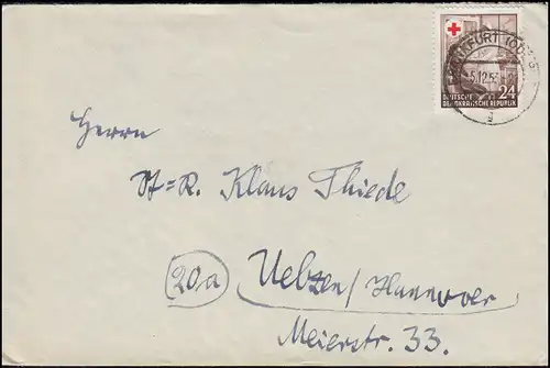 385 Croix-Rouge en tant qu'EF sur lettre FRANKFURT / OU 5.12.1953 après Uelzen/Hannover
