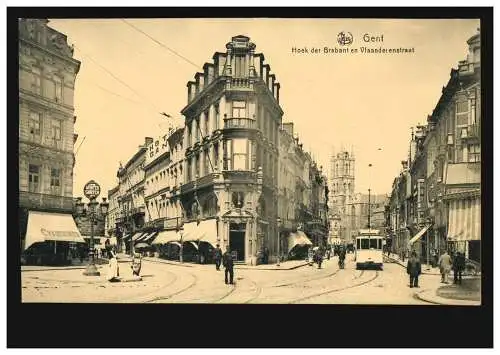 Carte de vue belge Gand: coin Brabant et Vlaanderenstraße, Feldpost 5.3.16