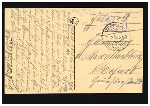 Carte de vue belge Gand: coin Brabant et Vlaanderenstraße, Feldpost 5.3.16