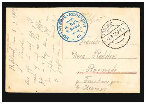 AK Dorf mit Weiher und Kind, Feldpost 6.3.17 BS Inf.-Regiment 411 II.Batl. 8.Kp.