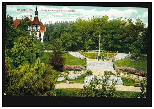 AK Magdeburg: Partie im Königin Luise Garten, Feldpost 9.4.15 an Vereinslazarett